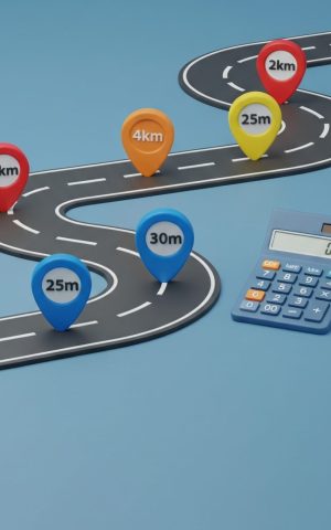 Illustration 3D de route et calculatrice pour frais kilométriques.