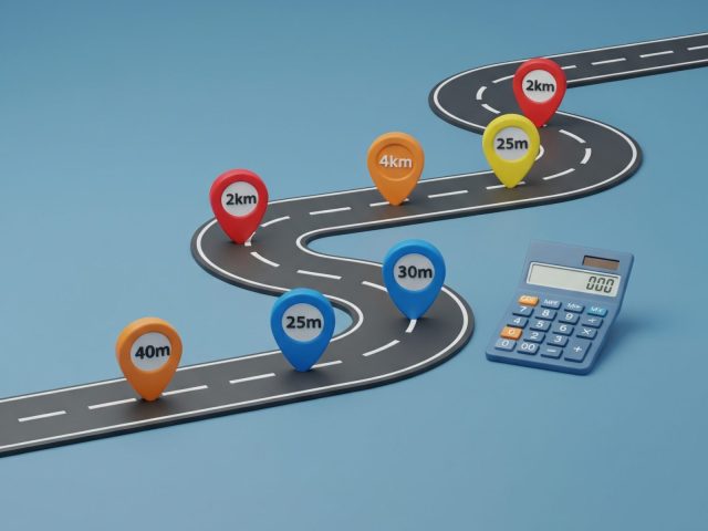 Illustration 3D de route et calculatrice pour frais kilométriques.