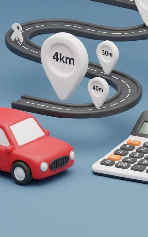 Illustration 3D de voiture et calculatrice pour frais kilométriques.