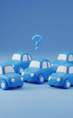 Petites voitures bleues avec point d'interrogation bleu.