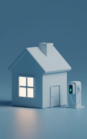Borne de recharge pour véhicule électrique près d'une maison.