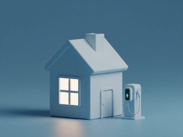 Borne de recharge pour véhicule électrique près d'une maison.