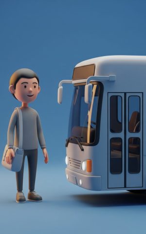 Stagiaire heureux avec un sac attendant ou montant dans un bus.