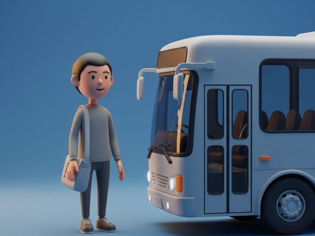 Stagiaire heureux avec un sac attendant ou montant dans un bus.