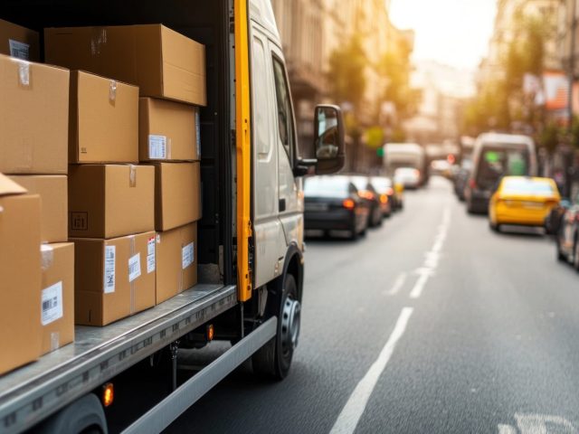 Camionnette de livraison avec des cartons chargés à l’arrière, garée dans une rue urbaine animée, entourée de voitures en circulation, symbolisant la logistique urbaine et le transport de marchandises