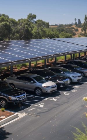 Parking avec des panneaux solaires sur des ombrières, fournissant de l'ombre aux voitures garées et générant de l'énergie solaire.