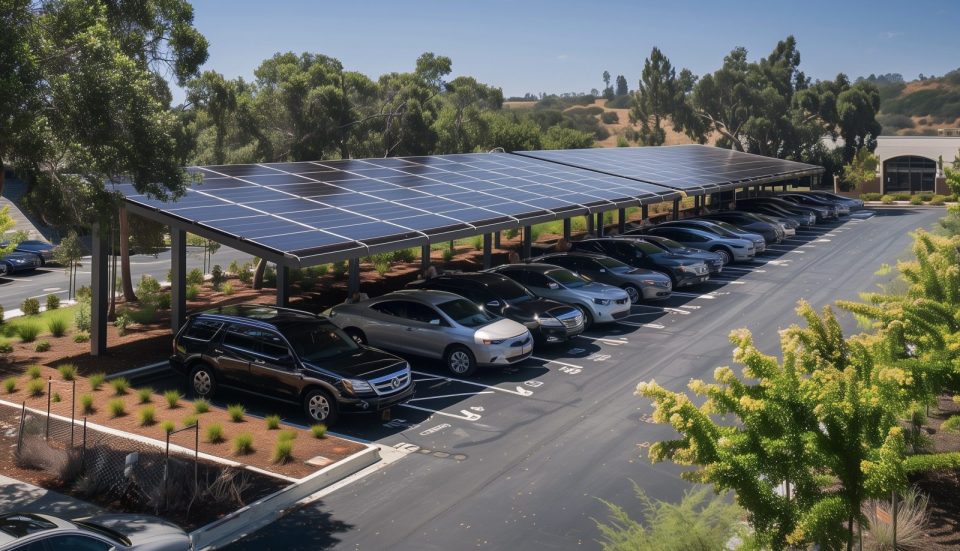 Parking avec des panneaux solaires sur des ombrières, fournissant de l'ombre aux voitures garées et générant de l'énergie solaire.