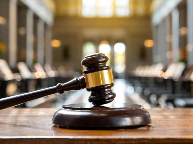 Un marteau de juge posé sur un bureau en bois dans une salle d'audience, symbolisant les aspects juridiques et réglementaires du rétrofit automobile