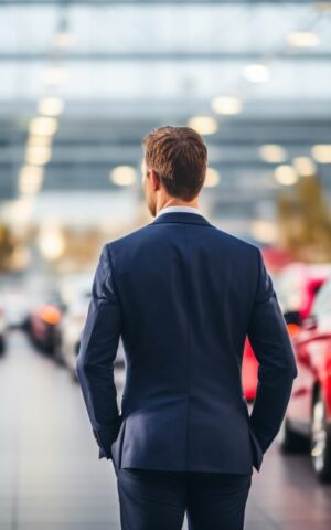 Un homme se tient debout devant une ligne de véhicules de société, symbolisant le succès de la récupération de la TVA et l'optimisation des finances de l'entreprise grâce à cette démarche.
