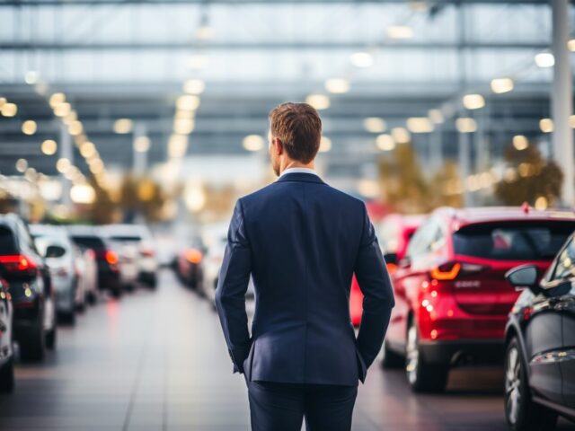 Un homme se tient debout devant une ligne de véhicules de société, symbolisant le succès de la récupération de la TVA et l'optimisation des finances de l'entreprise grâce à cette démarche.