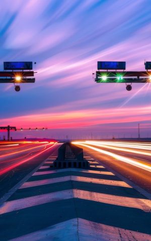 Vue d’un péage sans barrière sur une autoroute au coucher du soleil, avec des traînées lumineuses illustrant le passage fluide des véhicules grâce à un système de télépéage automatique.