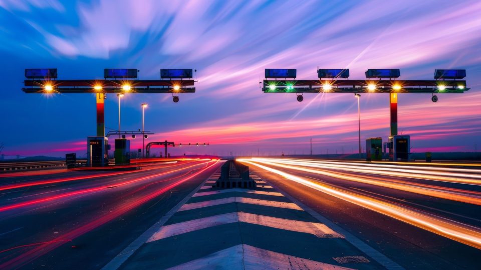 Vue d’un péage sans barrière sur une autoroute au coucher du soleil, avec des traînées lumineuses illustrant le passage fluide des véhicules grâce à un système de télépéage automatique.