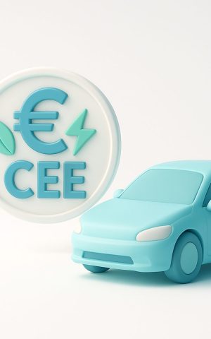 Prime CEE pour voiture électrique : borne de recharge et symbole euro avec feuille et éclair sur fond blanc